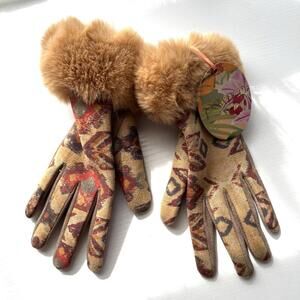 NWT Powder Design Scotland Faux Fur Cuff Gloves Boho Aztec Print Tan Mustard